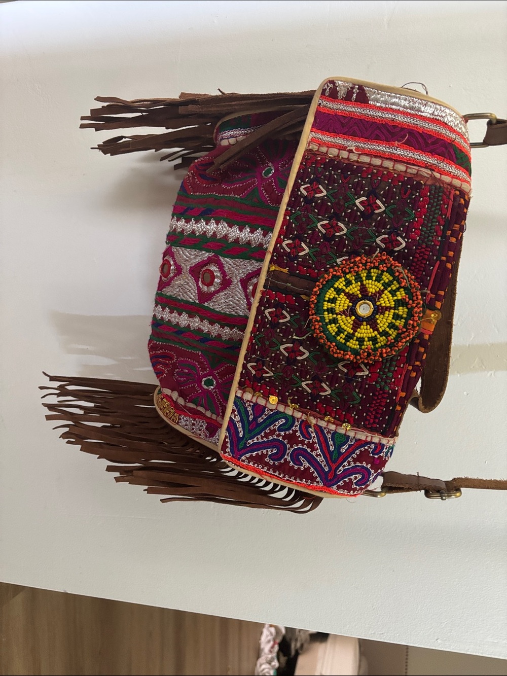 Embroidered Boho Fringe Crossbody Bag in Red and Brown